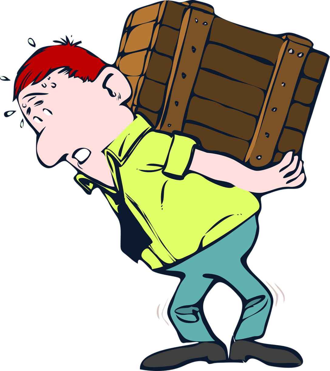 A cartoon image of a man carrying a heavy box